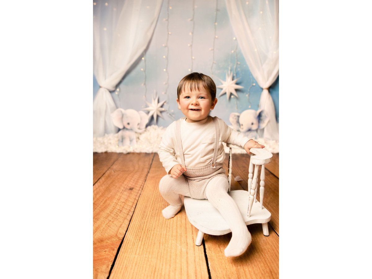 Fondo fotográfico de bebé y smash cake Love My Phan – elefantitos de peluche con cortinas y estrellas | Colors&Drops