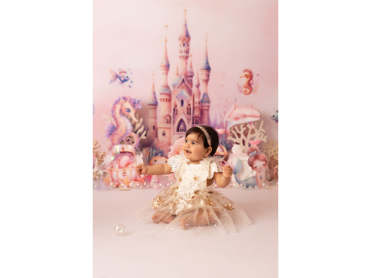 Baby & cake smash photo backdrop Pretty Mermaid – pink mermaid castle with seahorses | Colors&Drops