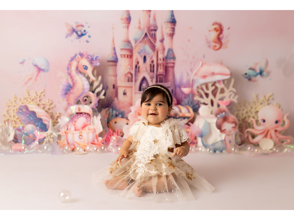 Baby & cake smash photo backdrop Pretty Mermaid – pink mermaid castle with seahorses | Colors&Drops