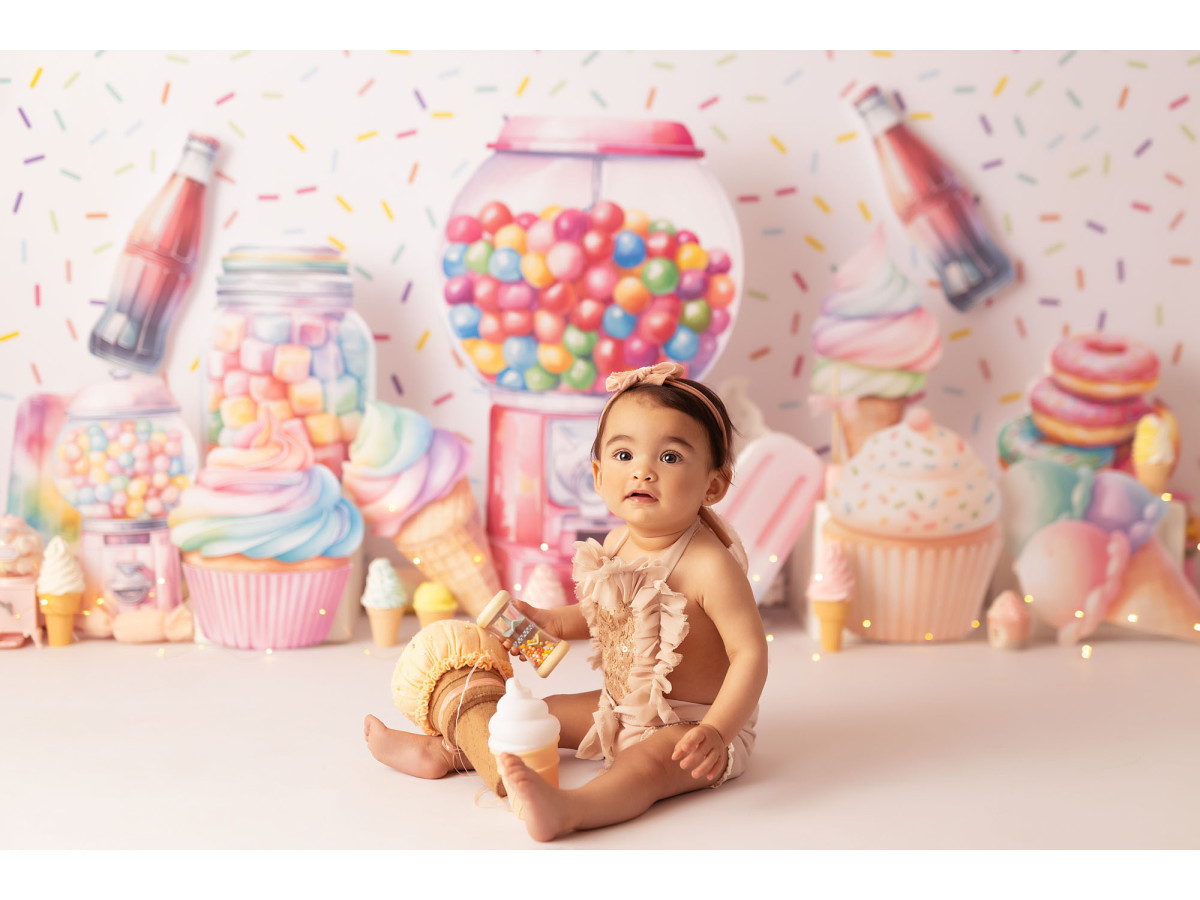 Fond photo bébé et smash cake I Love Candy – bonbons géants avec distributeur de chewing-gum et cupcakes | Colors&Drops