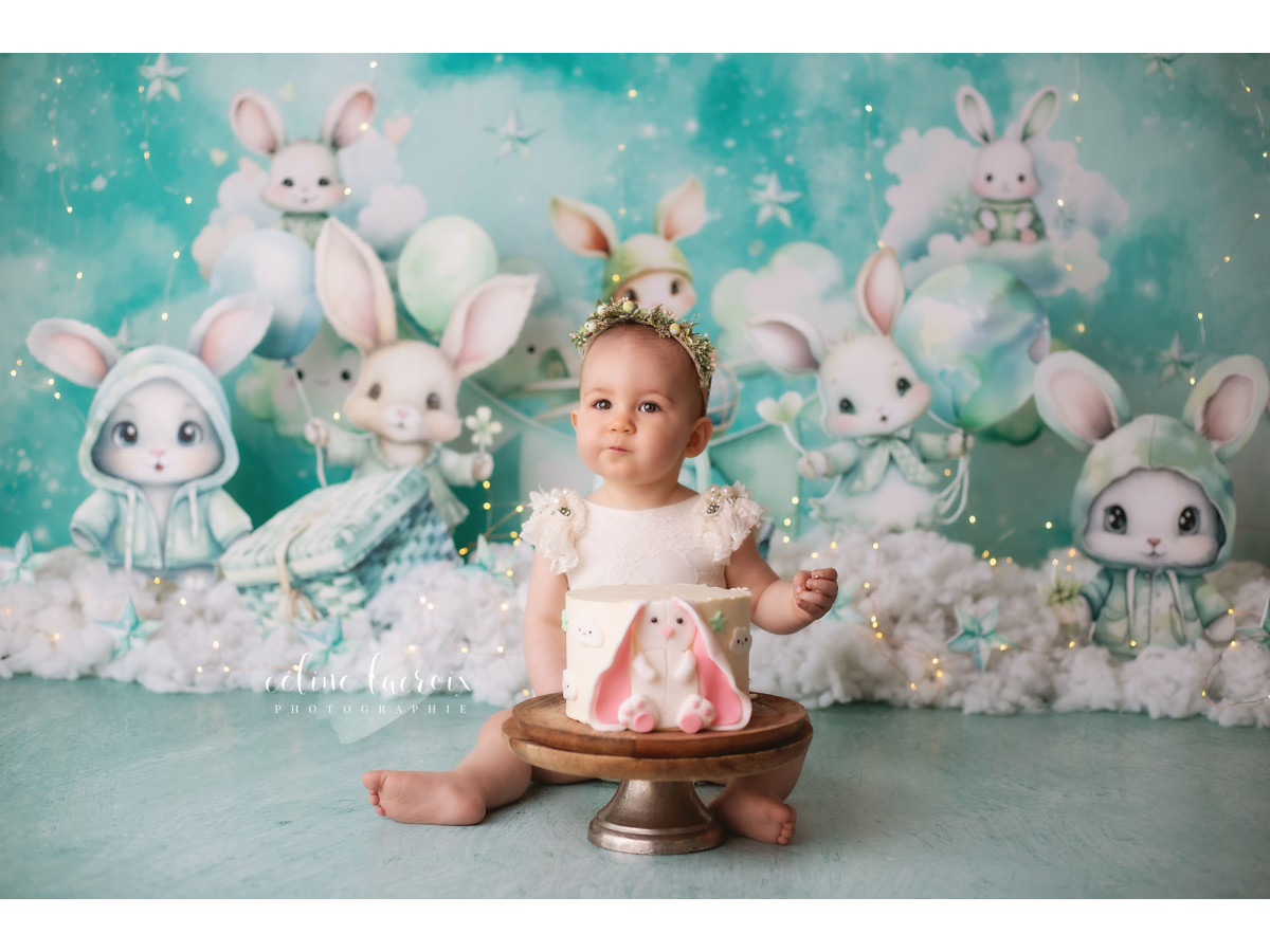 Fondo fotográfico de bebé y smash cake Twinky Rabbits – conejitos de peluche sobre nubes turquesa | Colors&Drops
