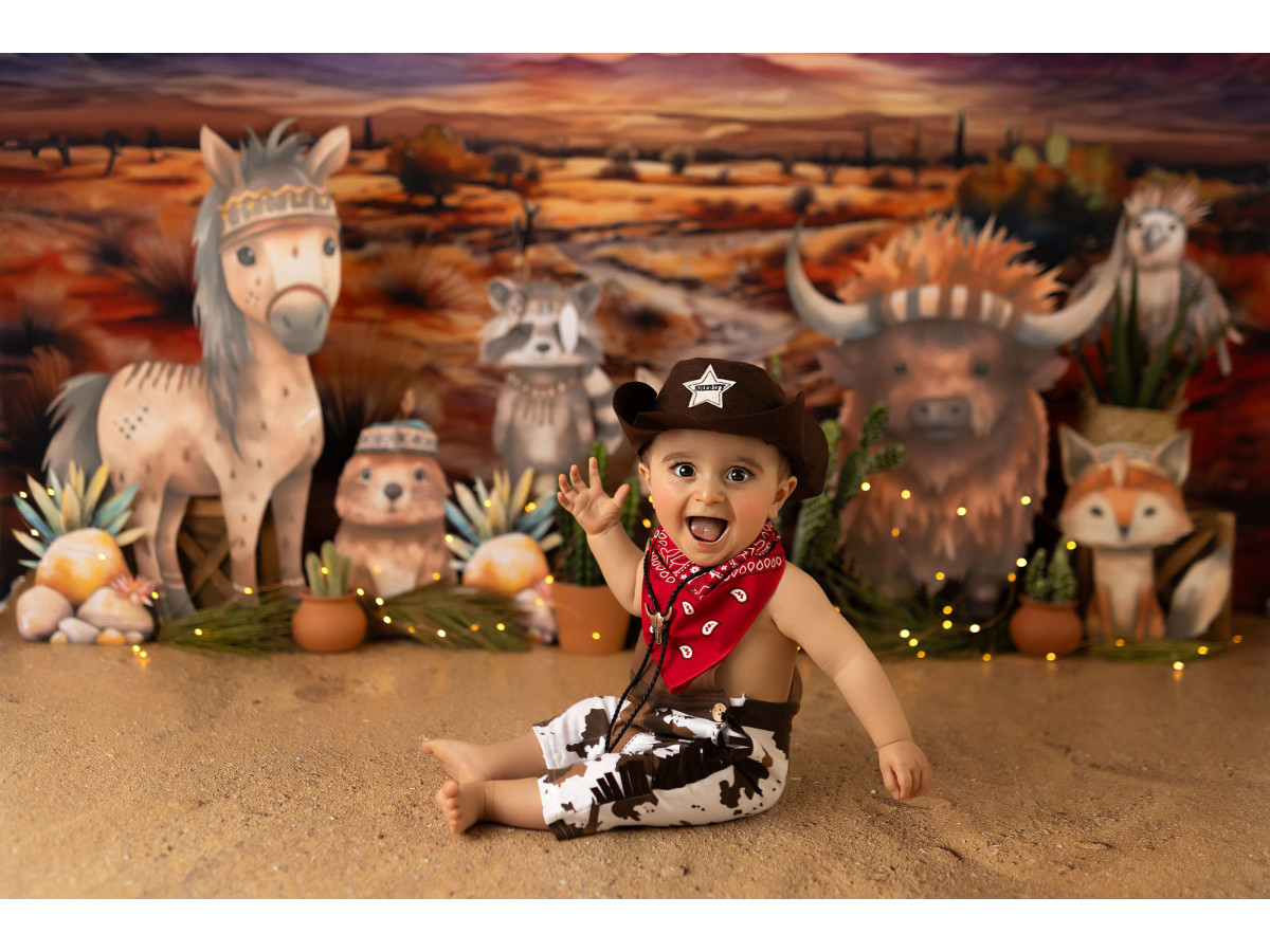 Baby & cake smash photo backdrop Bison – bison and prairie animals at sunset | Colors&Drops