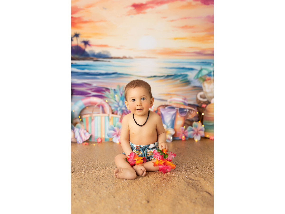 Fondo fotográfico de bebé y smash cake Pastel Beach – playa al atardecer con flamencos y piñas | Colors&Drops