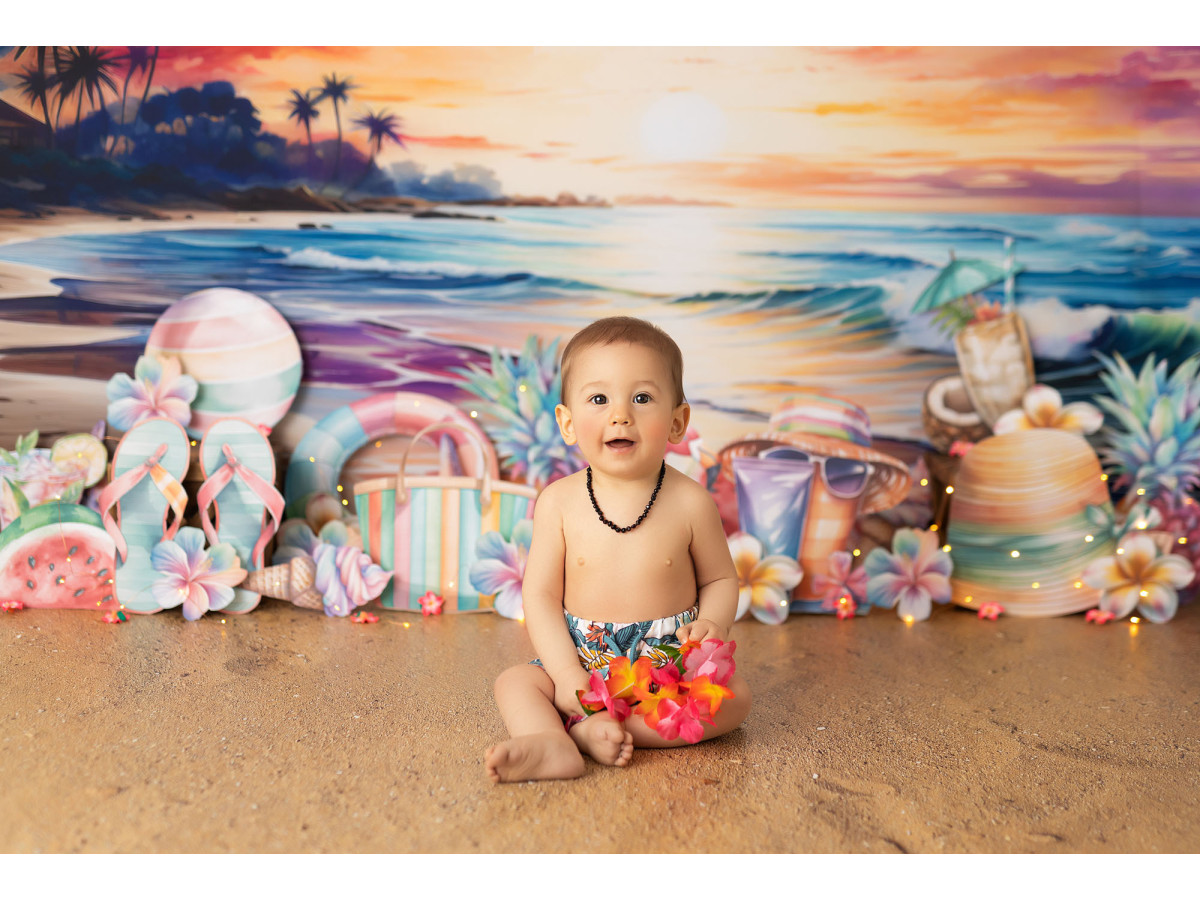 Fondo fotográfico de bebé y smash cake Pastel Beach – playa al atardecer con flamencos y piñas | Colors&Drops