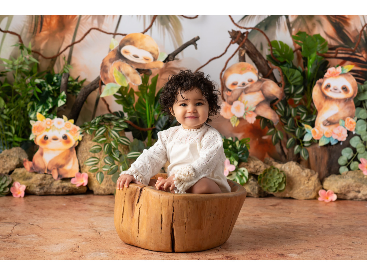 Fondo fotográfico de bebé y smash cake Paresseux – perezosos en la selva con lianas | Colors&Drops