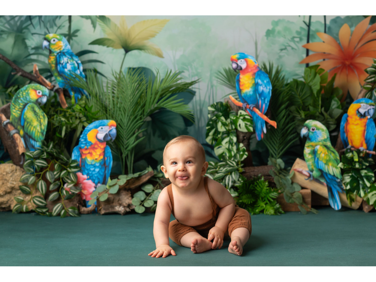 Fondo fotográfico de bebé y smash cake Aras Bleu – guacamayos azules y amarillos en la selva tropical | Colors&Drops