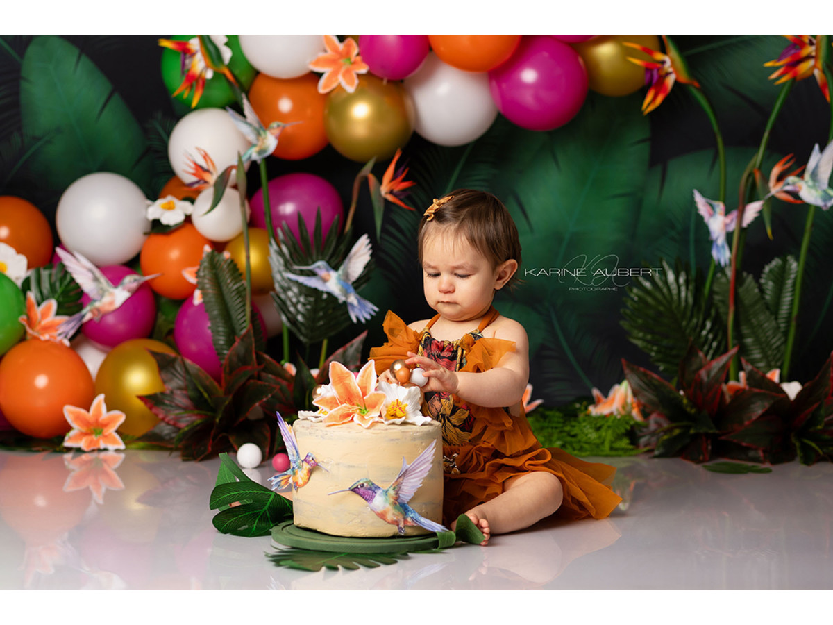Fond photo bébé et smash cake Colibri – ballons multicolores dans la jungle avec colibris | Colors&Drops