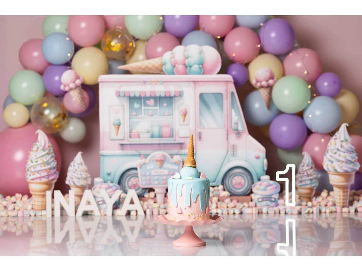 Fond photo bébé et smash cake Ice Cream Candy – camion de glaces avec arche de ballons pastel | Colors&Drops