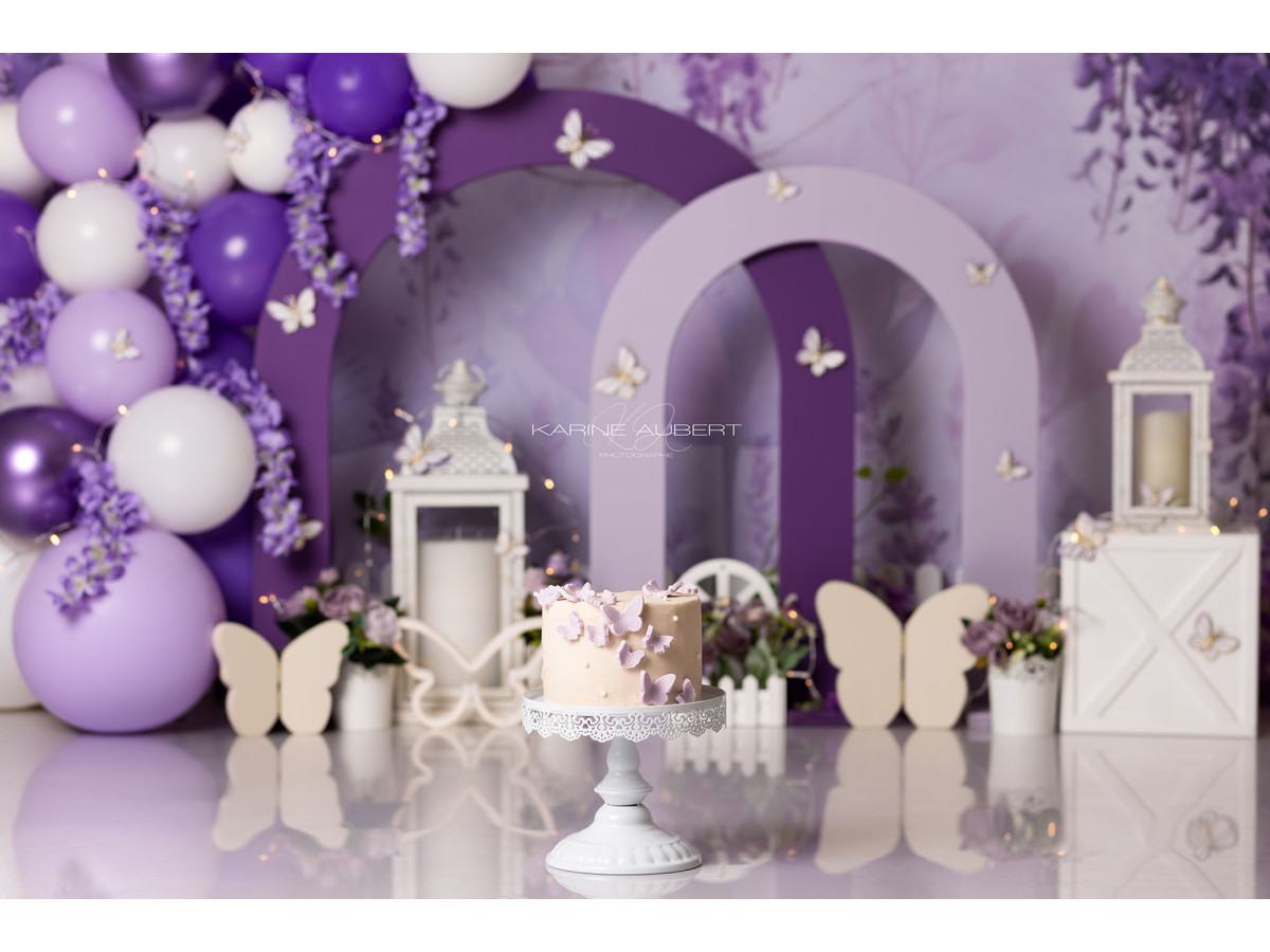 Fond photo bébé et smash cake Purple Butterfly – arches violettes avec ballons et papillons | Colors&Drops