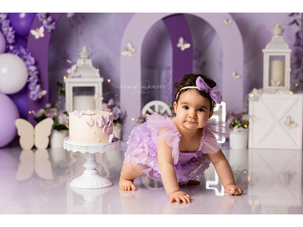 Fondo fotográfico de bebé y smash cake Purple Butterfly – arcos morados con globos y mariposas | Colors&Drops
