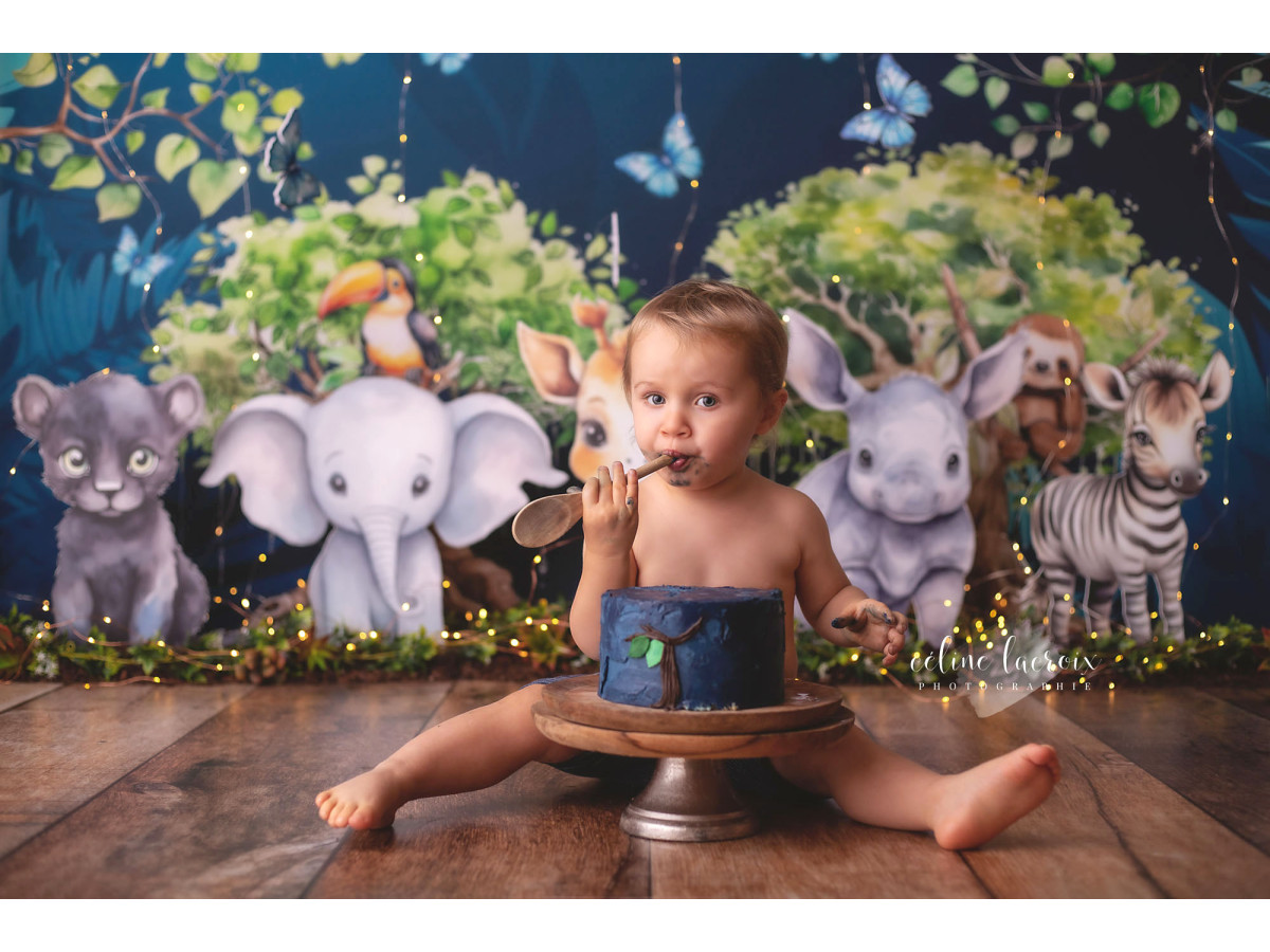 Fondo fotográfico de bebé y smash cake In Jungle Night – animales de la selva de noche con mariposas | Colors&Drops