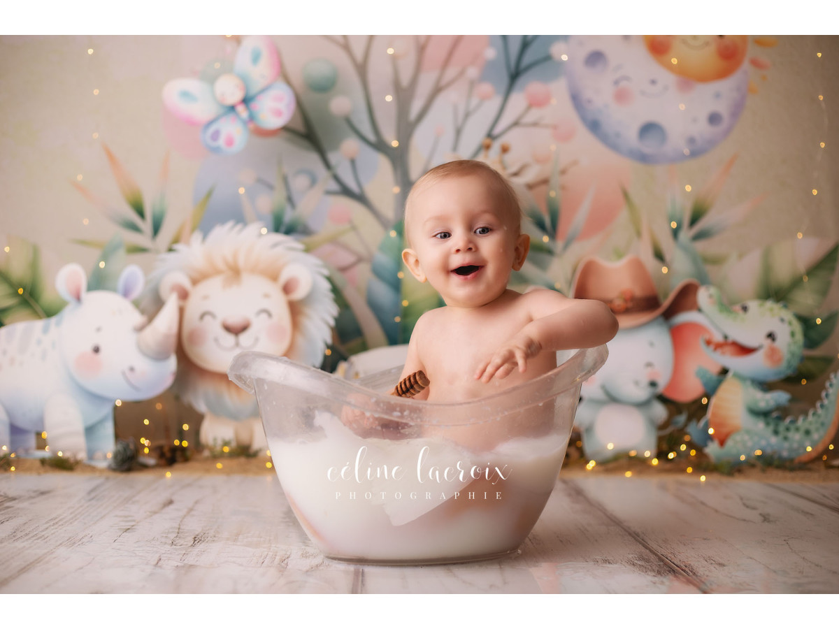 Fond photo bébé et smash cake Baby Safari – bébés animaux de safari avec voiture et soleil | Colors&Drops