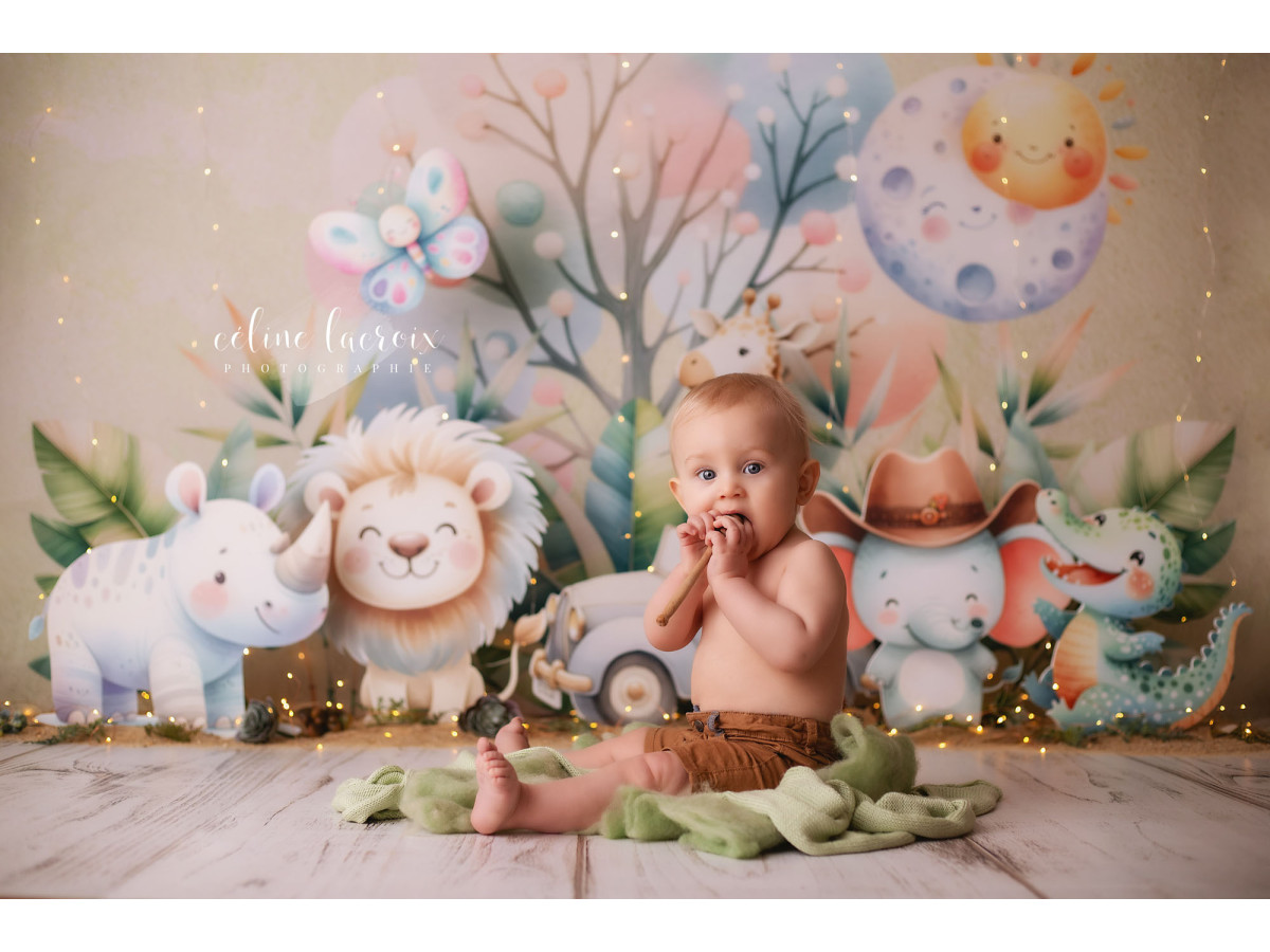 Fond photo bébé et smash cake Baby Safari – bébés animaux de safari avec voiture et soleil | Colors&Drops