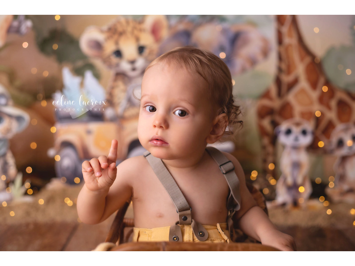 Fond photo bébé et smash cake Sahari – animaux de safari avec jeep et girafe | Colors&Drops