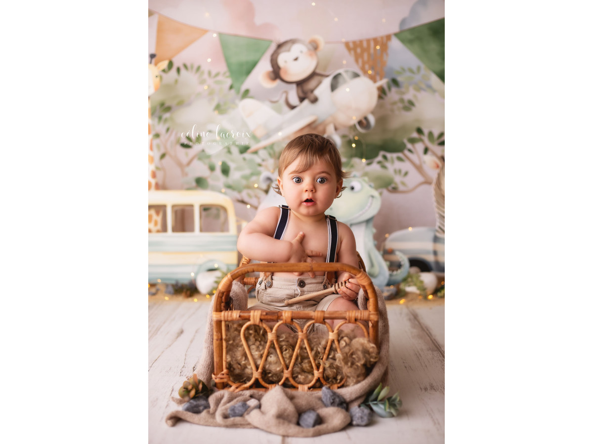 Fond photo bébé et smash cake Croko Voyage – bus et animaux de safari avec fanions | Colors&Drops