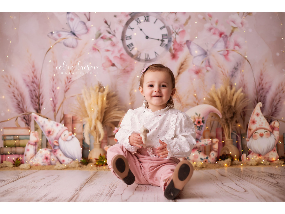Fond photo bébé et smash cake Yoga Gnome – gnomes avec horloge, pampa et branches fleuries | Colors&Drops