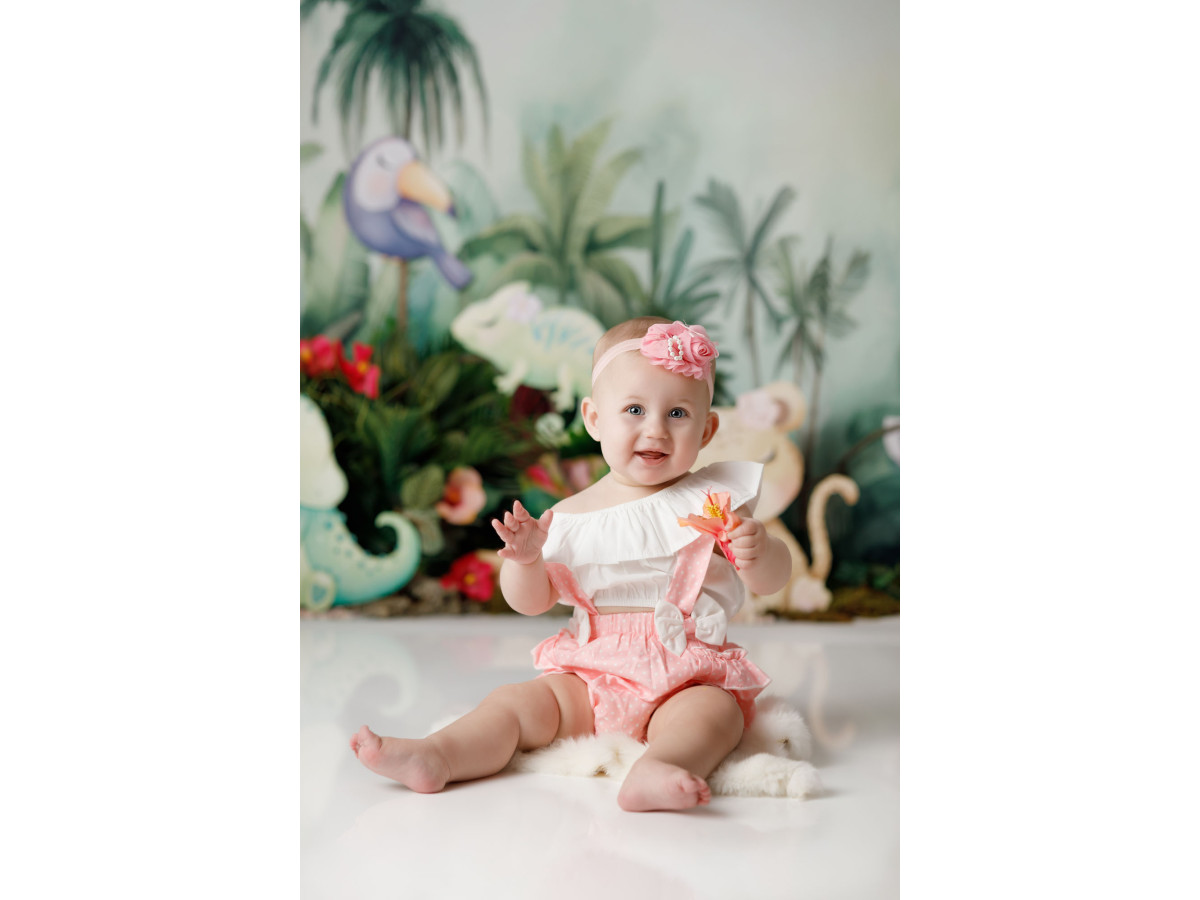Fond photo bébé et smash cake Tropikana – animaux de la jungle avec flamant rose et palmiers | Colors&Drops