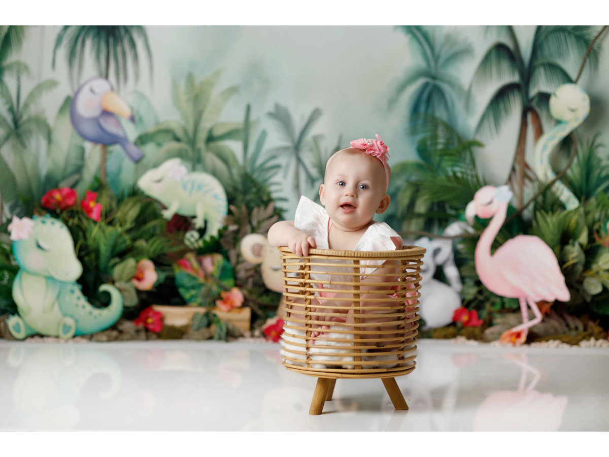 Baby & cake smash photo backdrop Tropikana – jungle animals with pink flamingo and palm trees | Colors&Drops