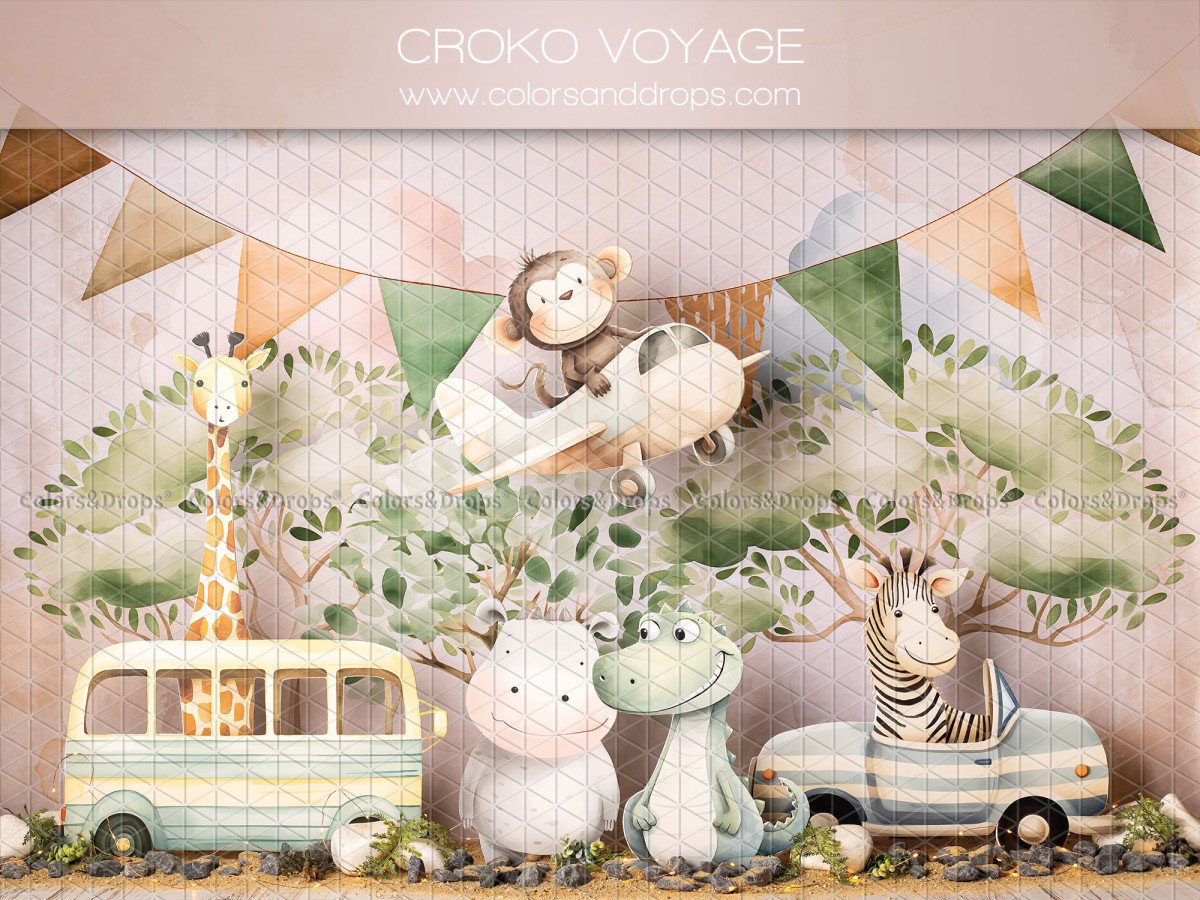 Baby & cake smash photo backdrop Croko Voyage – bus and safari animals with bunting | Colors&Drops