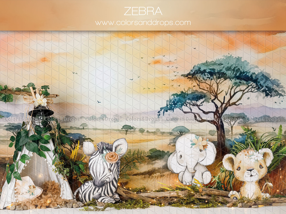 Fond photo bébé et smash cake Zebra – bébés animaux de la savane sous un acacia | Colors&Drops