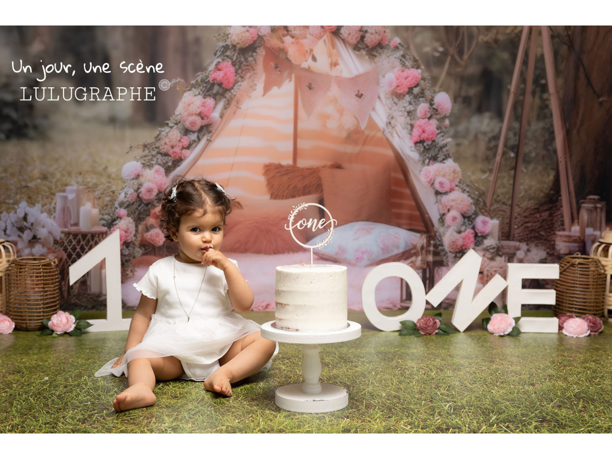 Spring photo backdrop Boho Natura – flowered teepee in the forest with cushions and candles | Colors&Drops