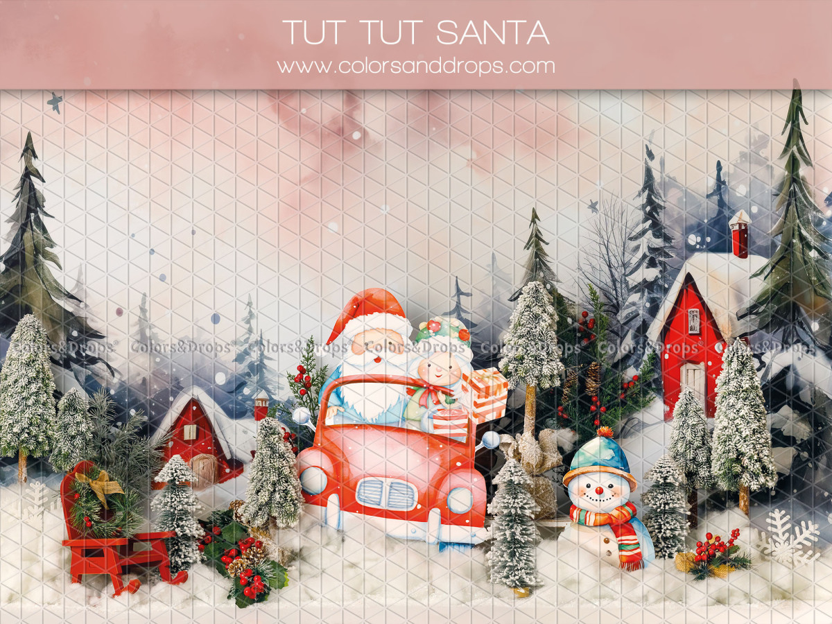 Christmas photo backdrop Tut Tut Santa – Santa's red car in a snowy village | Colors&Drops