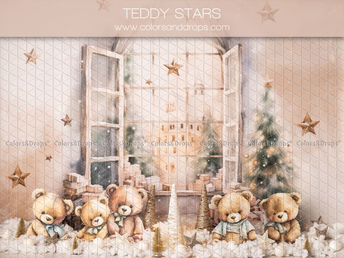 Fondo fotográfico de Navidad Teddy Stars – ositos de peluche con ventana y estrellas | Colors&Drops
