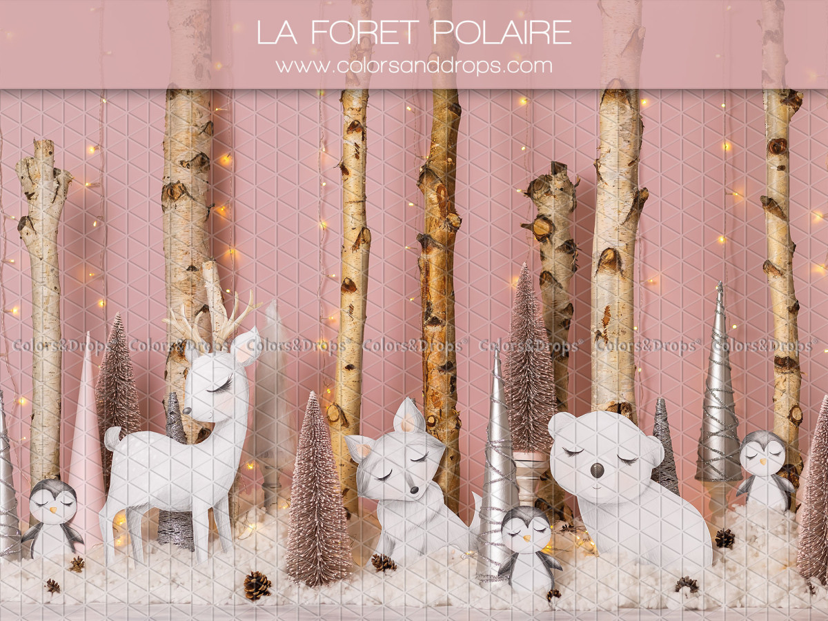 Christmas photo backdrop Foret Polaire – pink birch forest with reindeer and polar bears | Colors&Drops