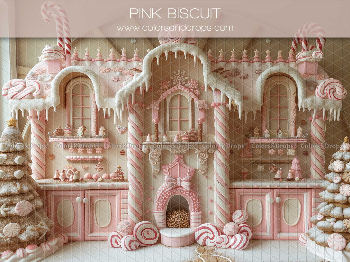 Fond photo de Noël Pink Biscuit – maison en pain d'épices rose et blanche | Colors&Drops