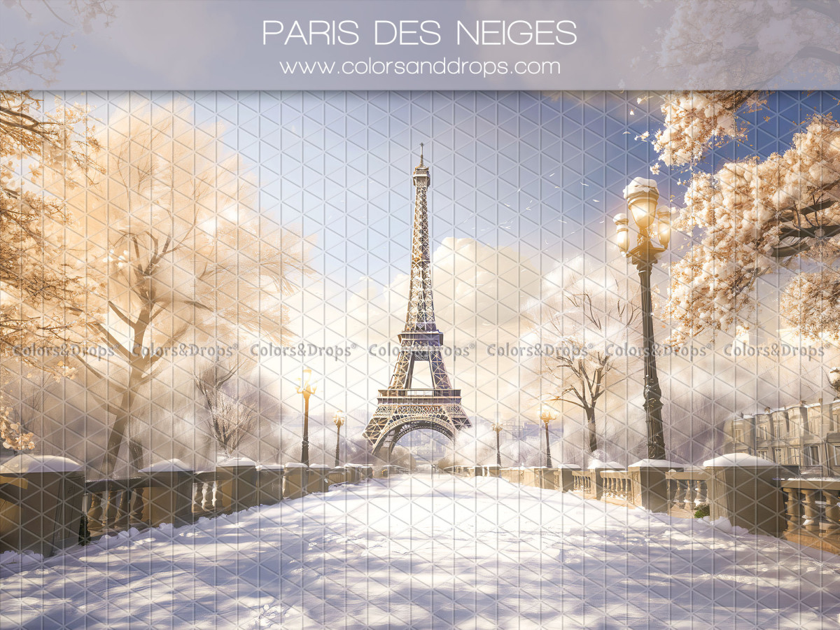 Christmas photo backdrop Paris des Neiges – snowy Paris with Eiffel Tower and street lamp | Colors&Drops