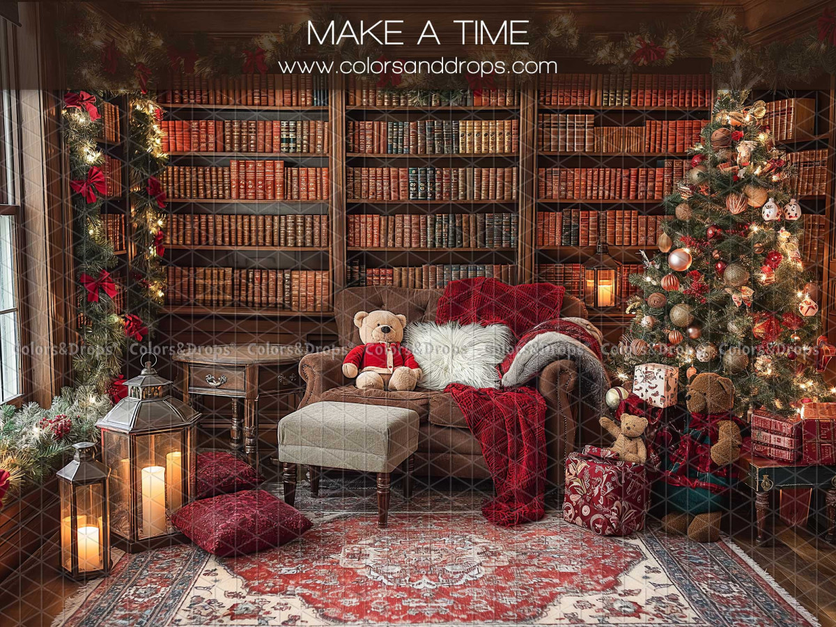 Fondo fotográfico de Navidad Make a Time – biblioteca navideña con sillón y árbol | Colors&Drops
