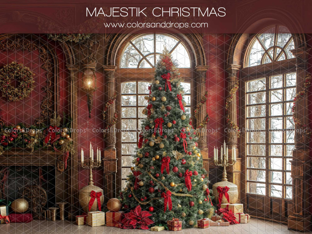 Photo backdrop Majestik Christmas – classic Christmas living room with tree and arched windows | Colors&Drops