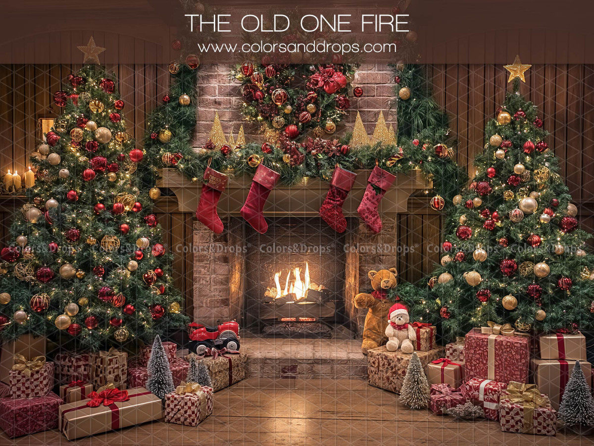 Fond photo de Noël The Old One Fire – cheminée en brique avec chaussettes et sapins de Noël | Colors&Drops
