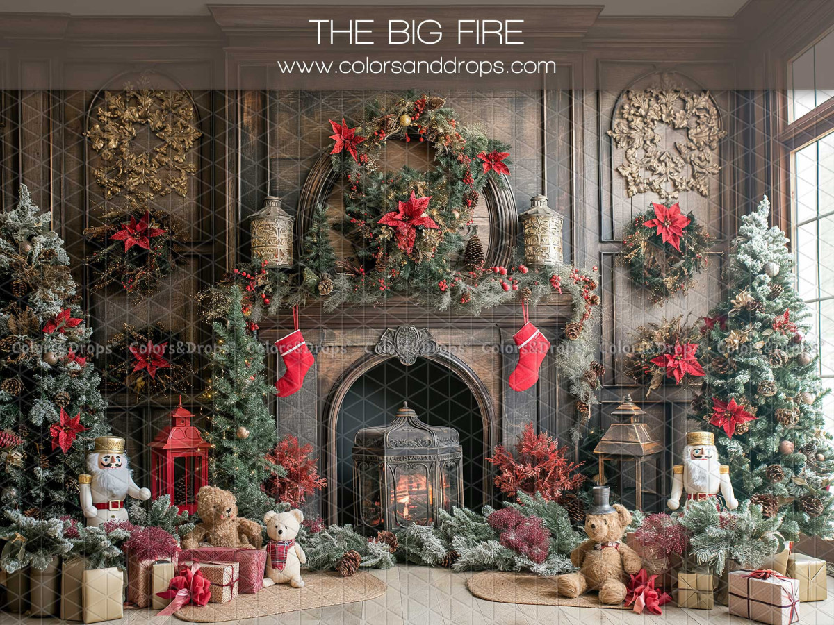 Christmas photo backdrop The Big Fire – Christmas fireplace with dark panelling and plush toys | Colors&Drops