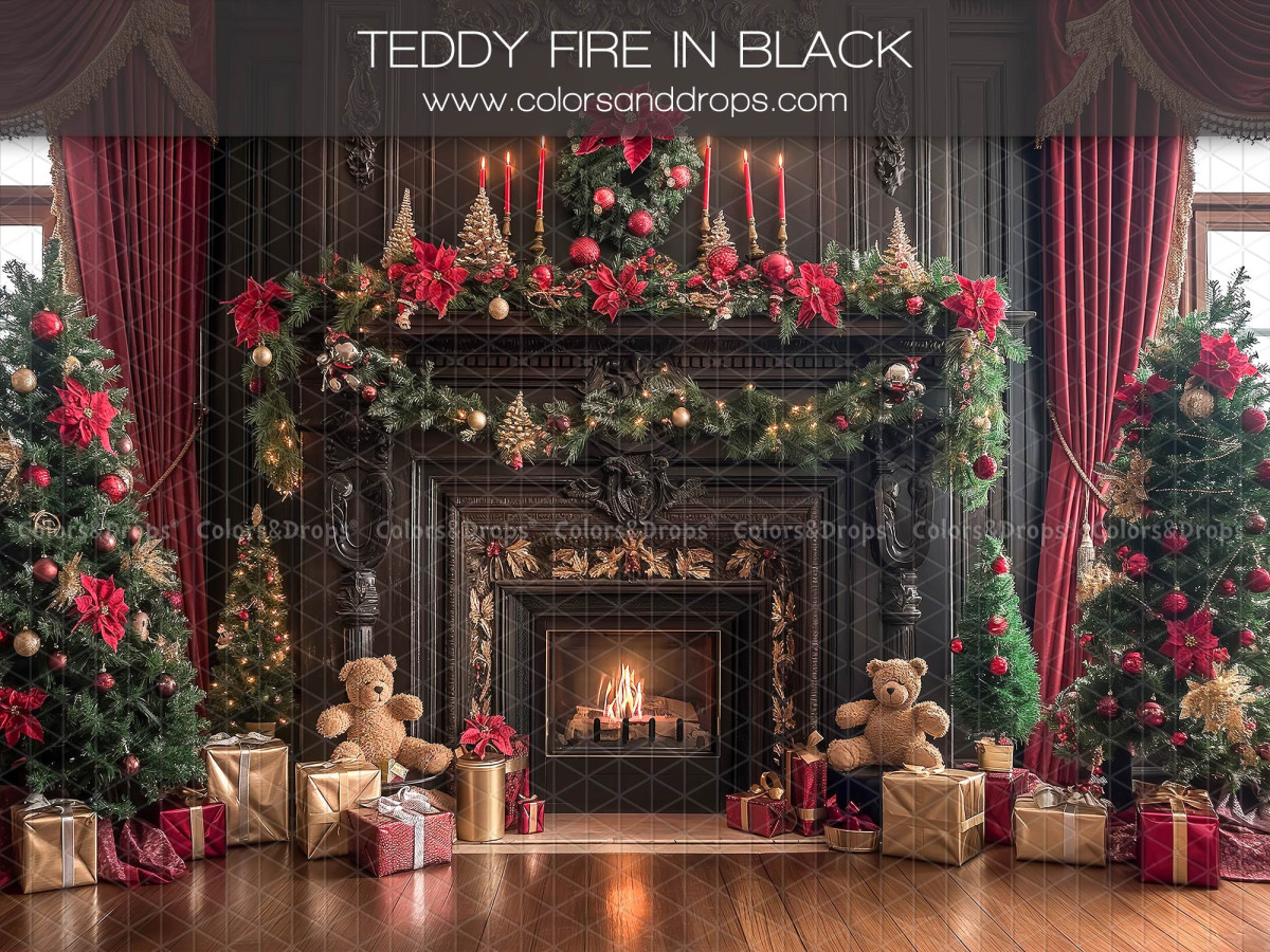 Fond photo de Noël Teddy Fire in Black – cheminée noire de Noël avec oursons et sapins | Colors&Drops