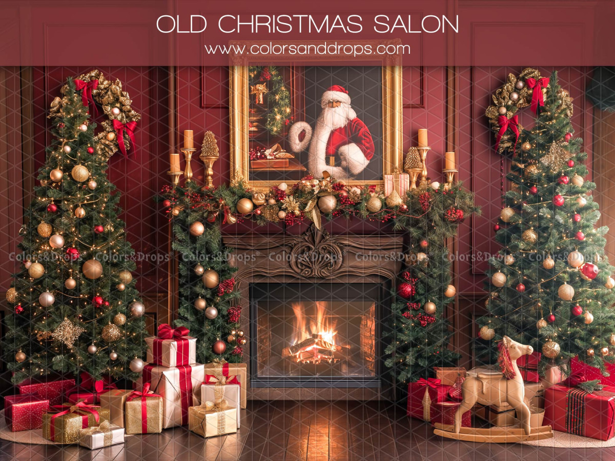 Fond photo Old Christmas Salon – salon de Noël rouge avec cheminée et tableau du Père Noël | Colors&Drops
