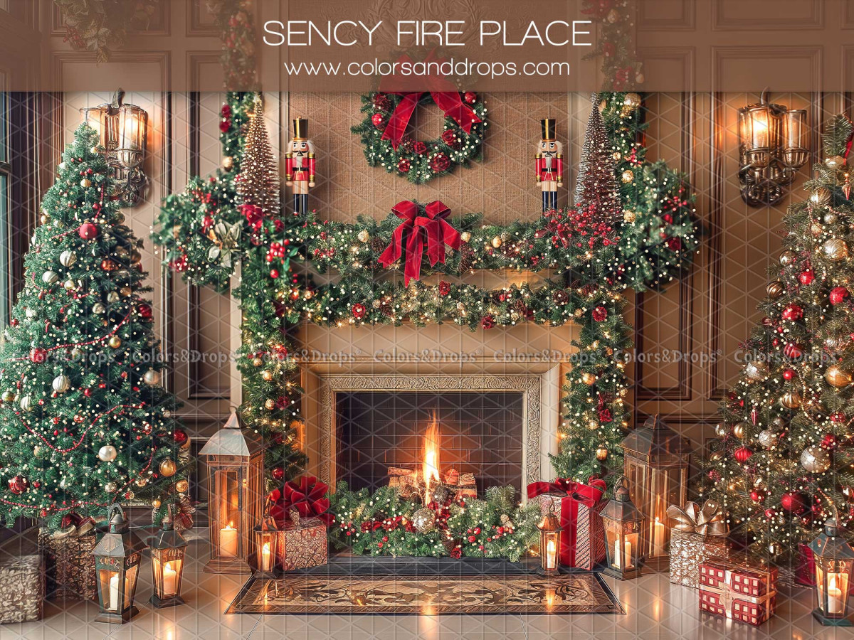 Fond photo de Noël Sency Fire Place – cheminée blanche décorée de guirlandes de Noël | Colors&Drops