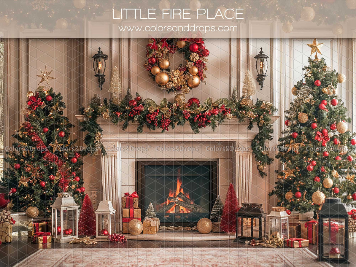 Fond photo de Noël Little Fire Place – petite cheminée de Noël avec couronne et lanternes | Colors&Drops