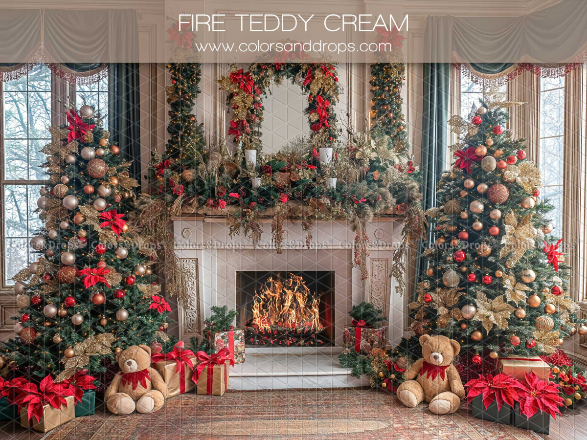 Christmas photo backdrop Fire Teddy Cream – cream Christmas fireplace with teddy bears and trees | Colors&Drops