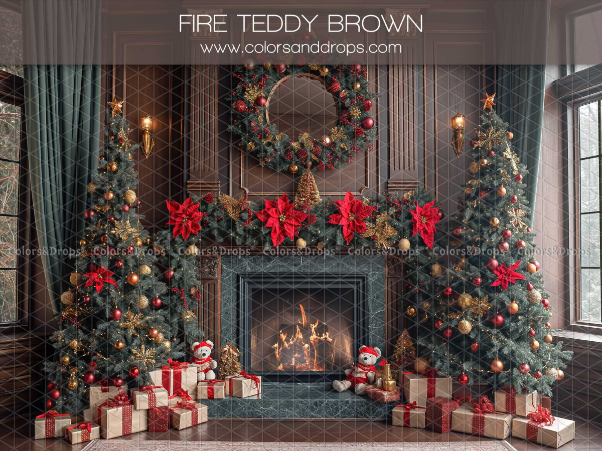 Fond photo de Noël Fire Teddy Brown – cheminée de Noël avec poinsettias et sapins | Colors&Drops