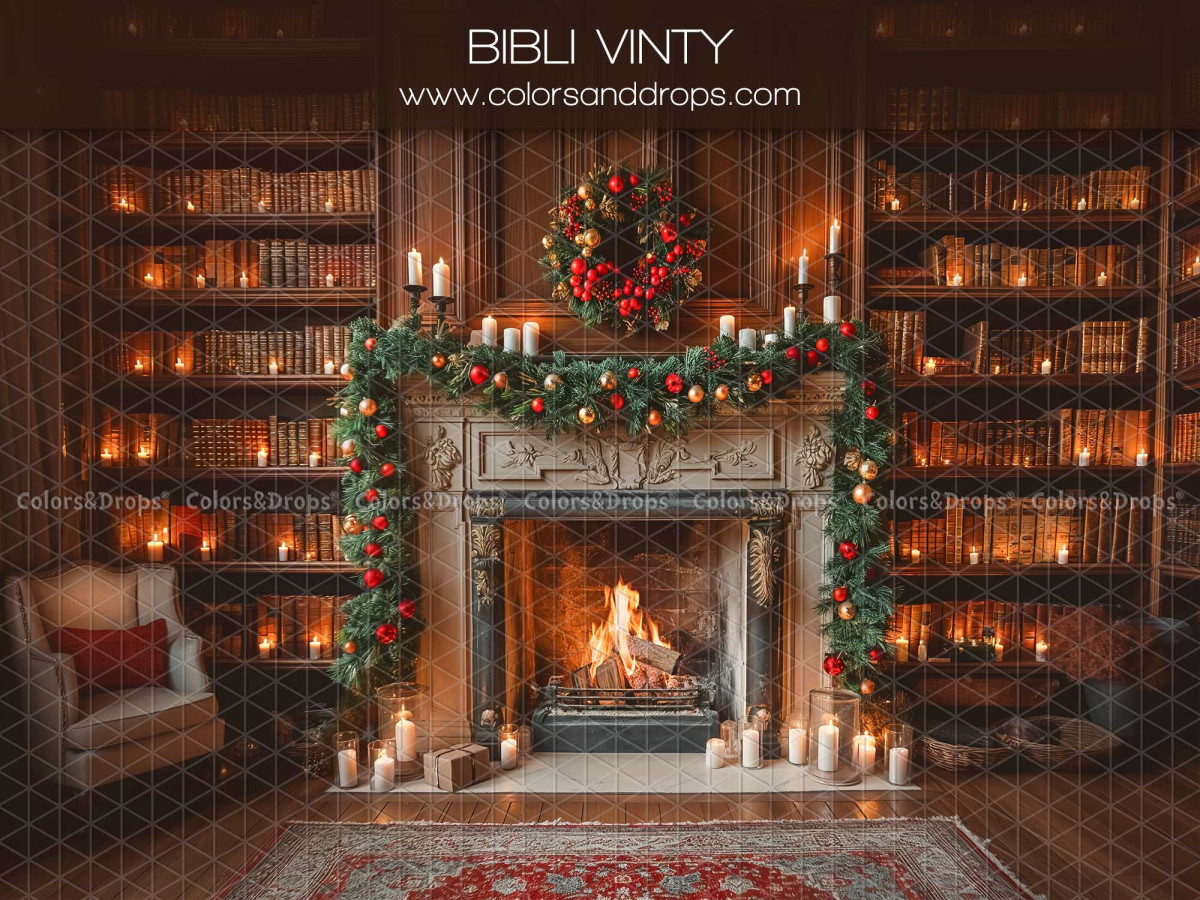 Fond photo de Noël Bibli Vinty – bibliothèque vintage avec cheminée et bougies de Noël | Colors&Drops