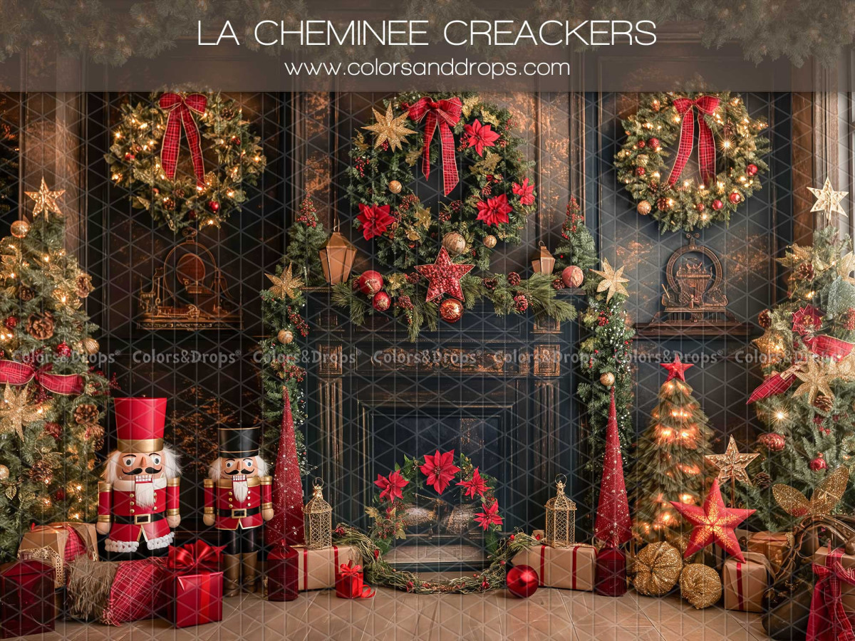 Fond photo de Noël La Cheminee Creackers – cheminée de Noël avec casse-noisettes et couronnes | Colors&Drops