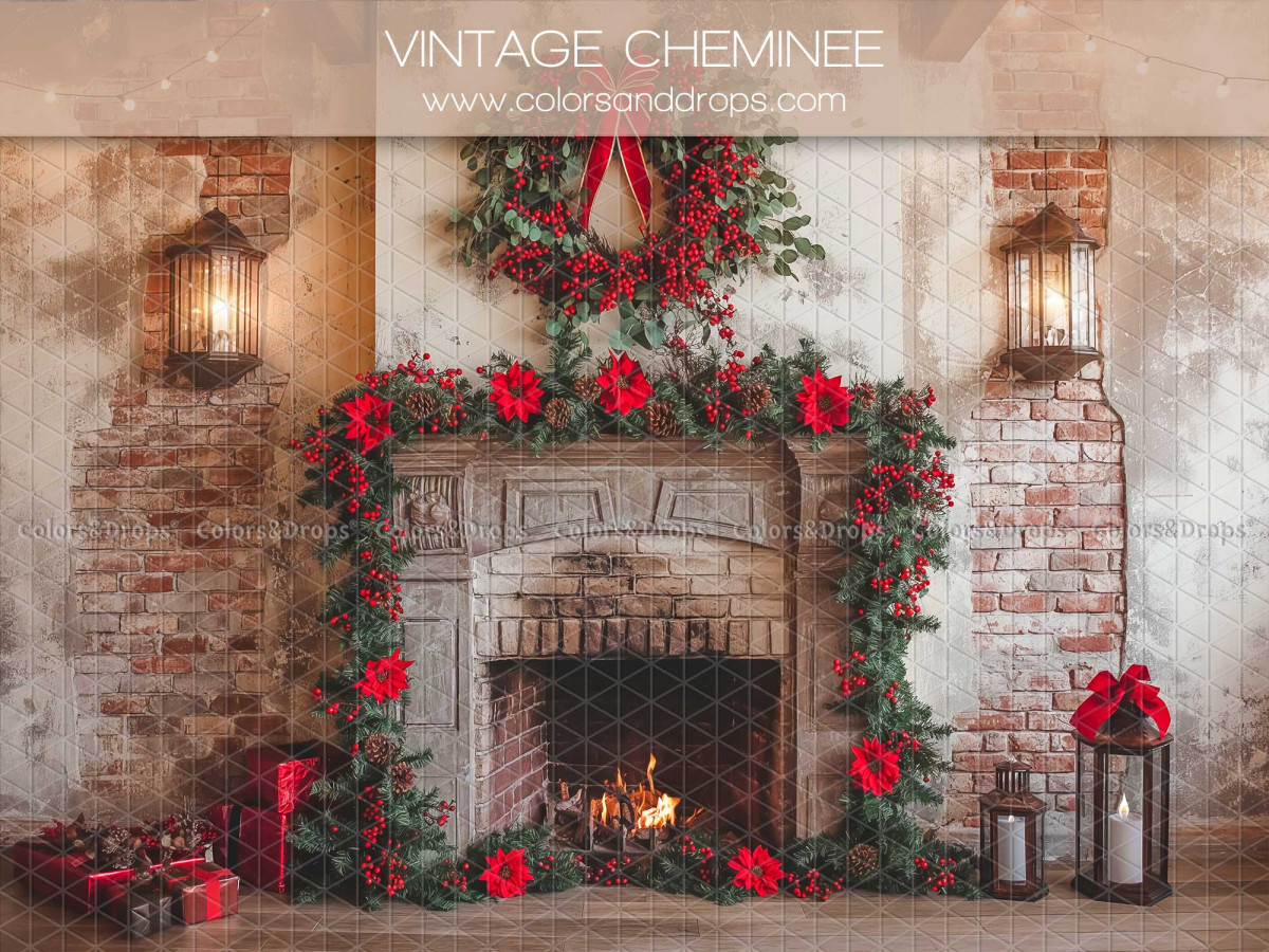 Christmas photo backdrop Vintage Cheminee – vintage brick fireplace with Christmas garland | Colors&Drops