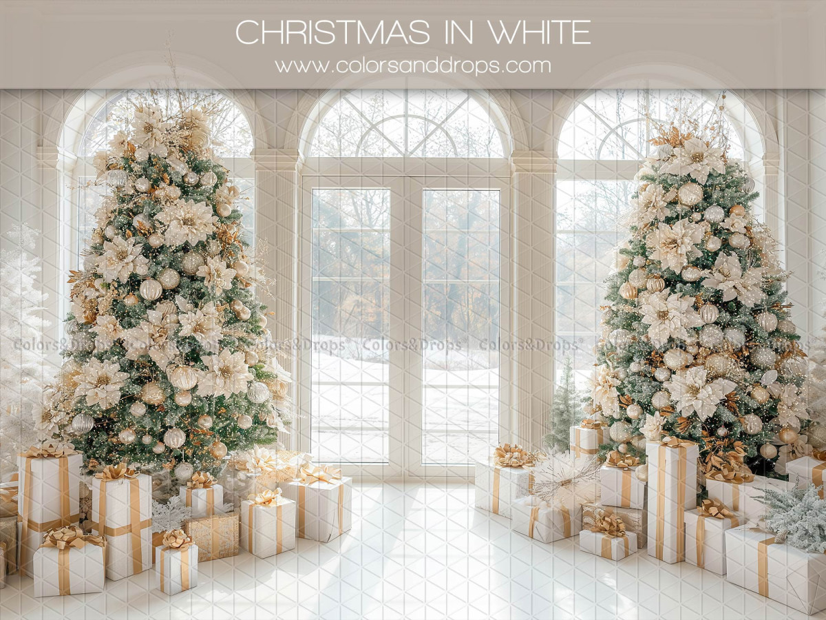 Fondo fotográfico Christmas in White – salón navideño blanco con árboles y grandes ventanas | Colors&Drops