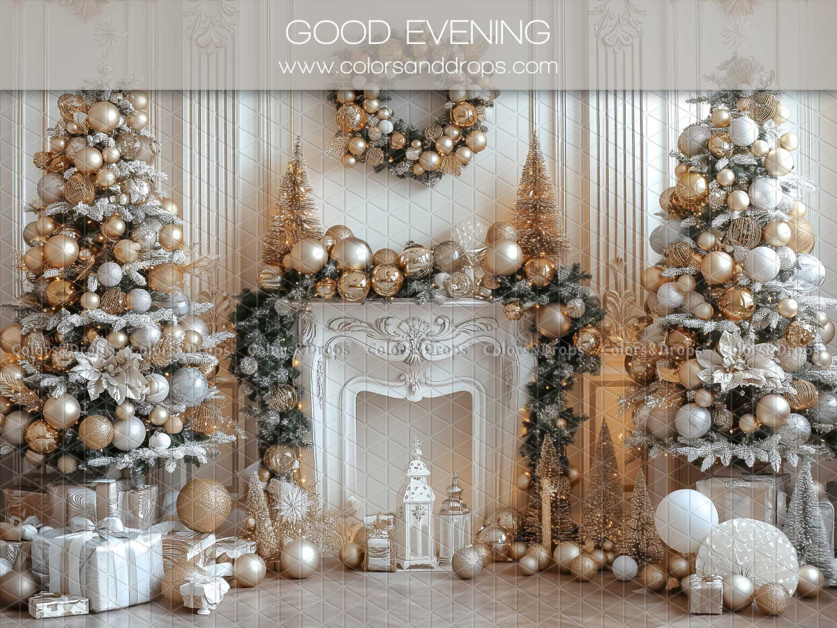 Christmas photo backdrop Good Evening – white fireplace with gold and silver trees | Colors&Drops
