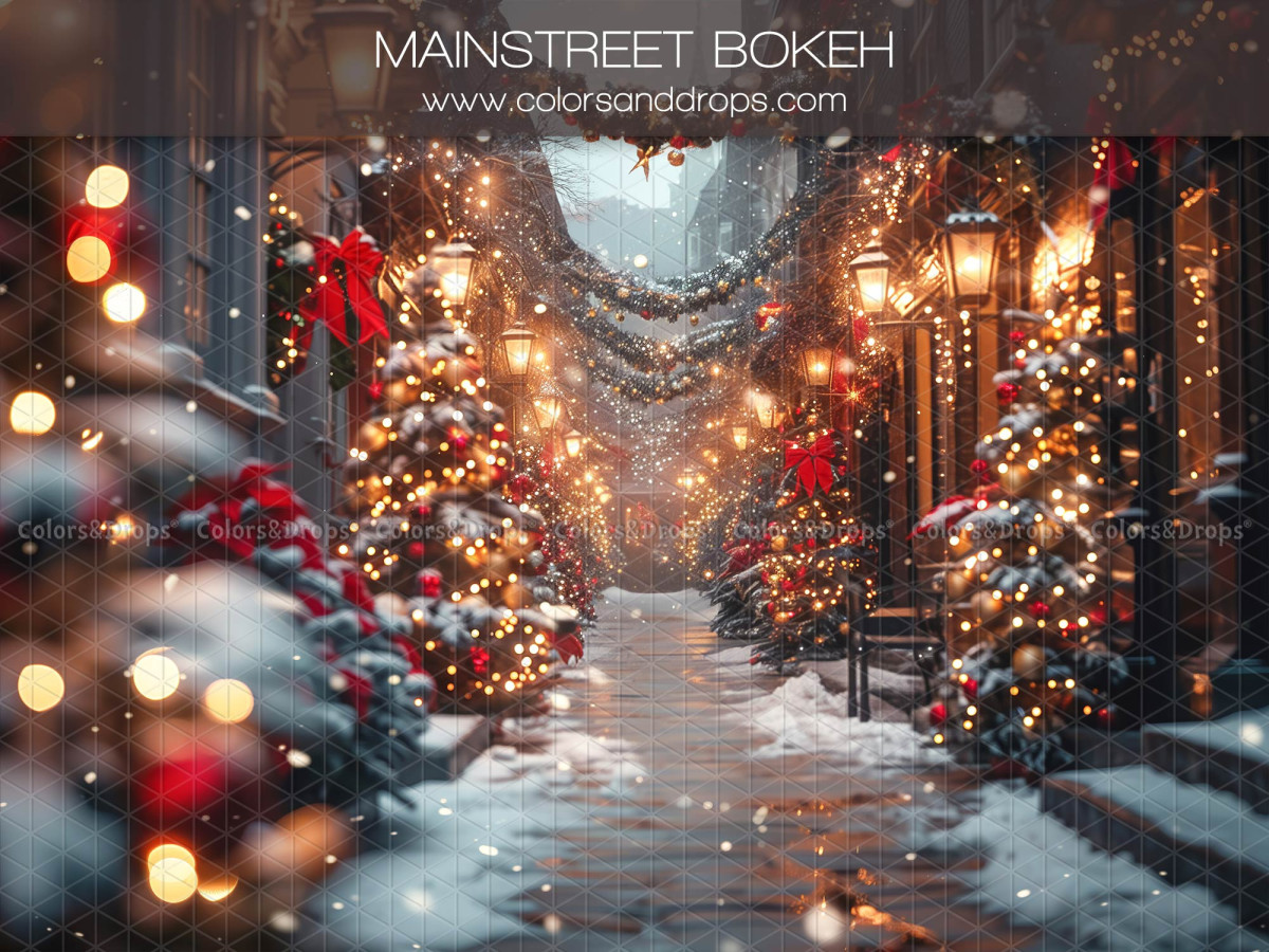 Christmas photo backdrop Main Street Bokeh – snowy Christmas street with bokeh lights | Colors&Drops