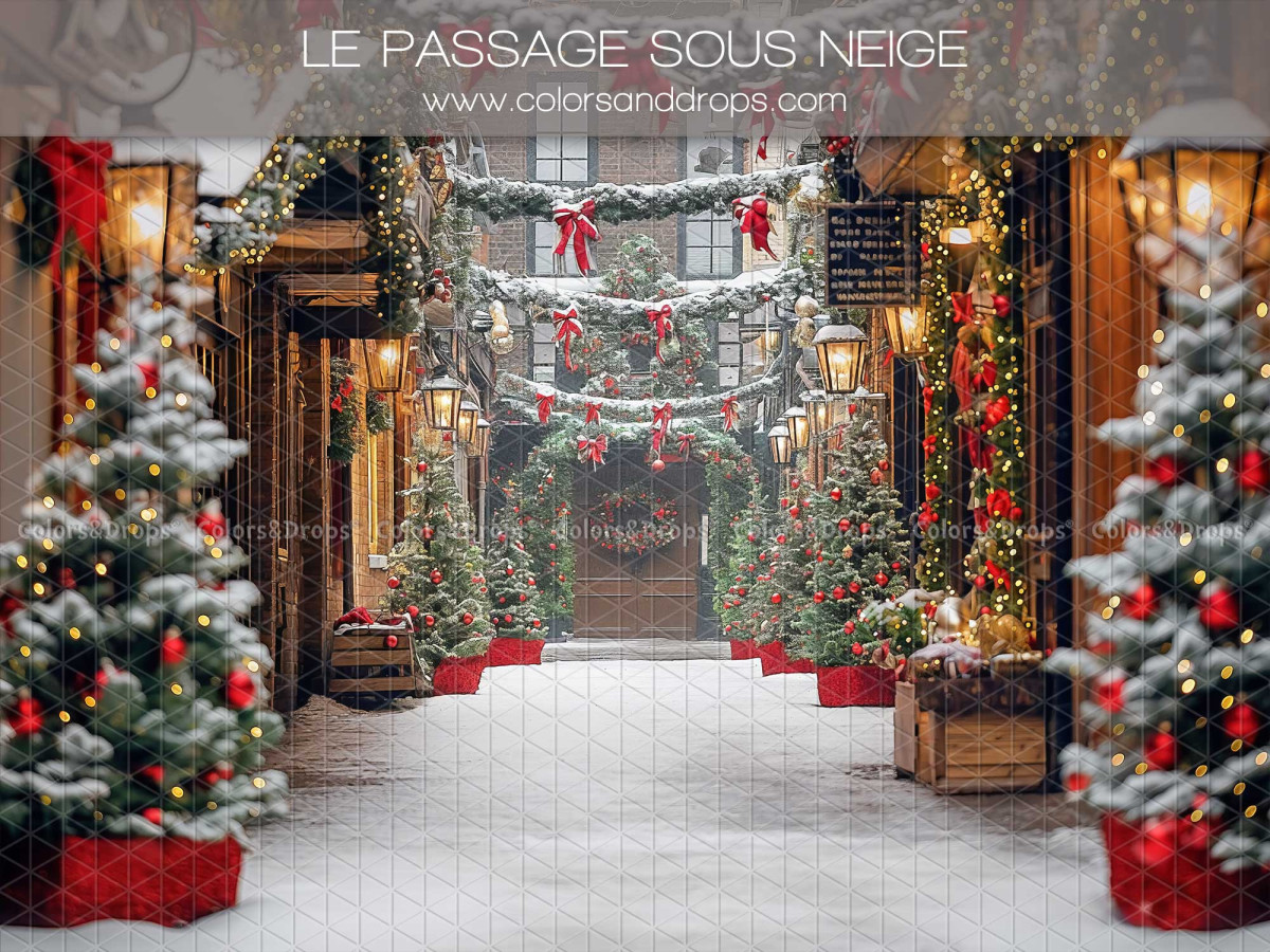 Christmas photo backdrop Le Passage Sous Neige – snowy passage with shops and Christmas trees | Colors&Drops