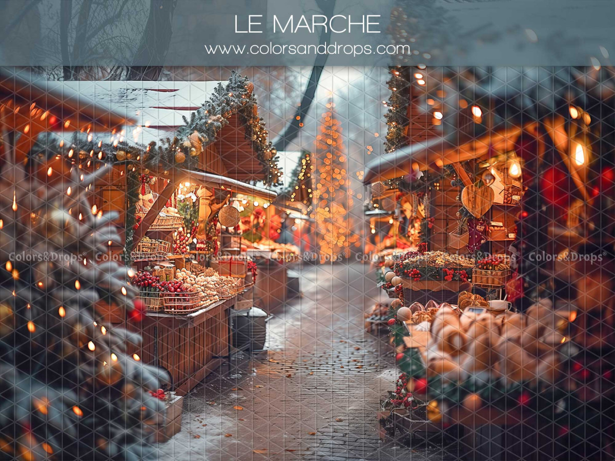 Fond photo de Noël Le Marche – marché de Noël enneigé avec chalets | Colors&Drops