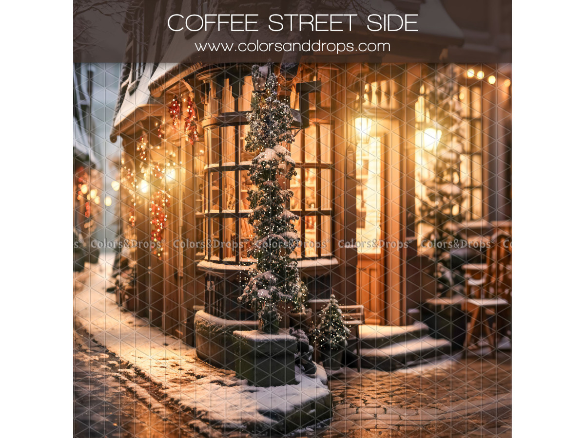 Fondo fotográfico lateral de Navidad Coffee Street Side – fachada de café nevada con guirnaldas | Colors&Drops