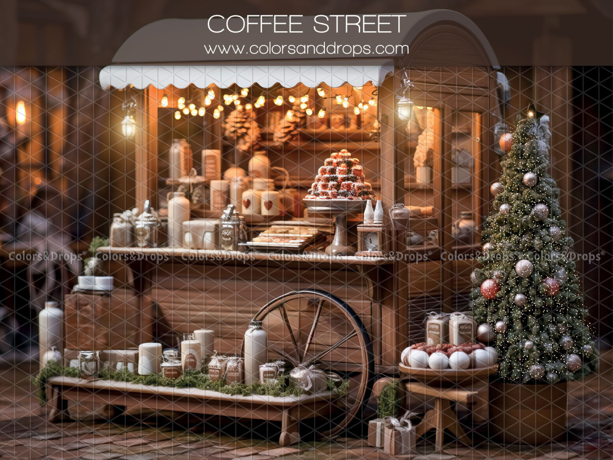 Fond photo de Noël Coffee Street – stand de café de Noël avec charrette et sapin | Colors&Drops